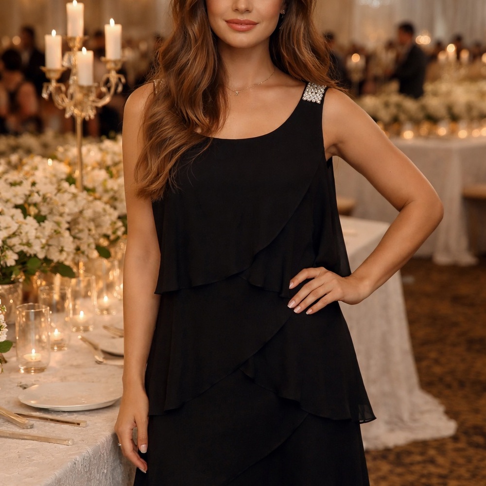 Elegant Black Layered Evening Dress with Embellished Strap